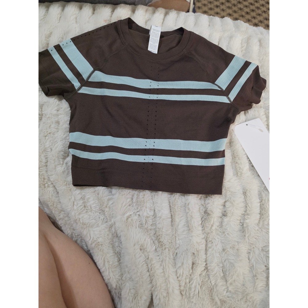 Lululemon Swiftly Tech Cropped Tee 2.0 Stripe Java Blue LW3JXUS Size 2